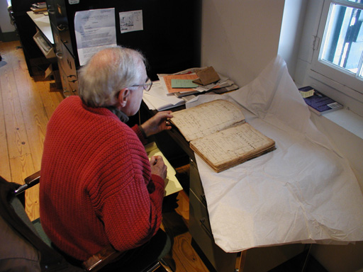 Pat doing family research in St. Genevieve, MO, January 2002.