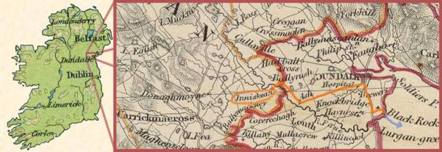Map from 1838 showing Inniskean and detailing (orange) the route to Blackrock port and (blue) the route to Liverpool, 150 miles away.