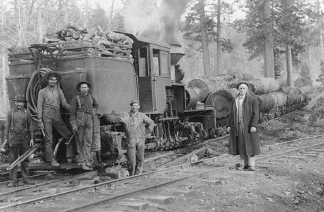 Patrick Damien McAnany (fourth from left) working on logging train near Pino Grande, CA in 1908