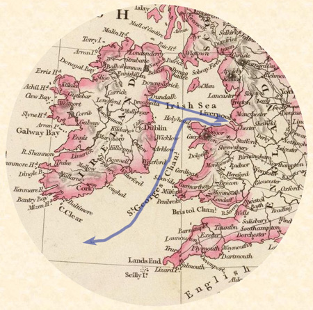 Map of British Isles from 1844 showing the passage from Blackrock to Liverpool and the outward voyage to New York.