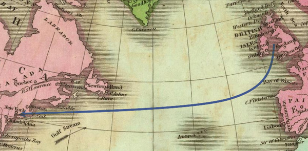 1842 map showing the McAnanys crossing of the Atlantic from Liverpool to New York in 1849-1851.