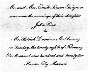 Wedding Invitation for Patrick McAnany & Julia Guignon, 1922