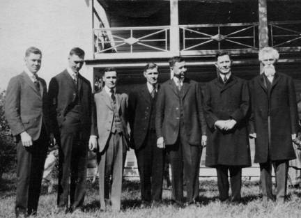 (Left to Right) Robert, George, Pat, Paul, Phil, Edwin & Patrick McAnany at the golden wedding anniversary in 1919 at The Groves.
