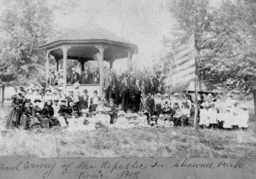 GAR Picnic in Shawnee, 1908, with Patrick in front on steps